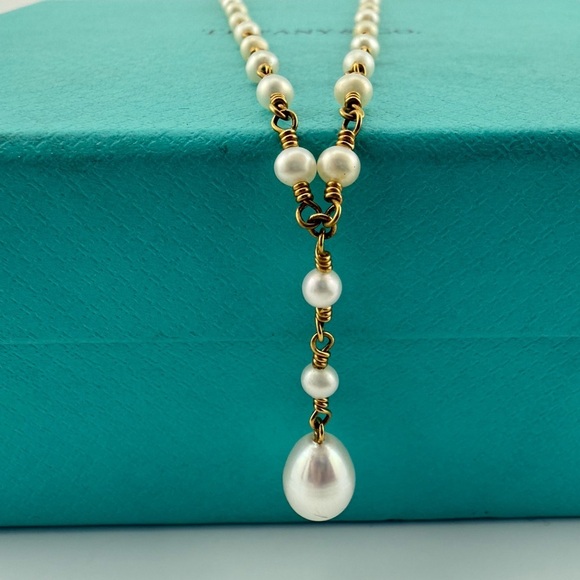 RARE Vtg. Tiffany & Co. 18k Pearl Twist Lariat Necklace 16" Yellow Gold - Picture 9 of 9